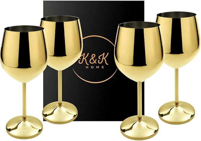 K&K Home Gold Stainless Steel Unbreakable Wine Glasses - 18 oz - Set of 4 Colored, Stemmed Metal Wine Glasses Perfect for Outdoors, Weddings, and Parties