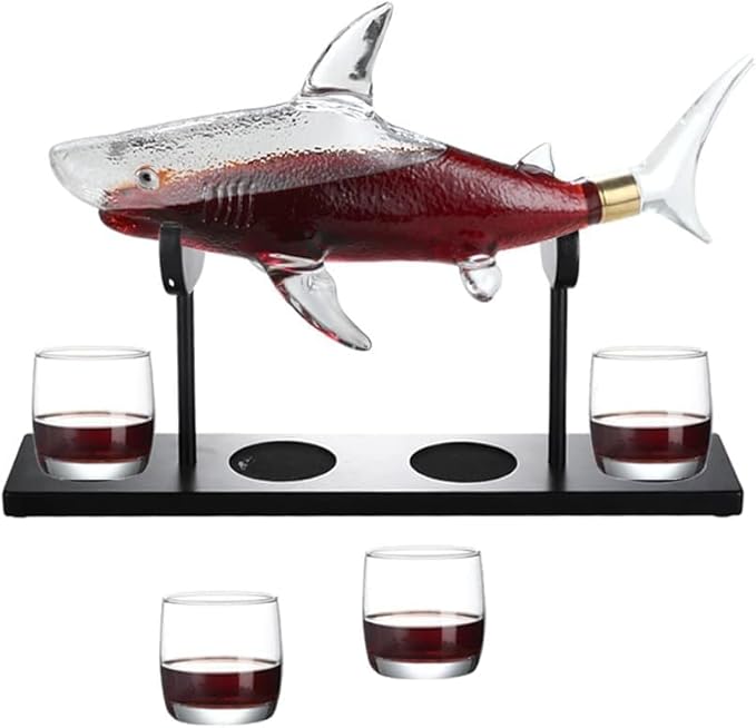 Wine Decanters 1000ml Sharks Whiskey Decanter Set with 4 Glasses & Wood Stand Glass Liquor Decanter For Whiskey, Scotch, Bourbon Vodka (Decanter Set)