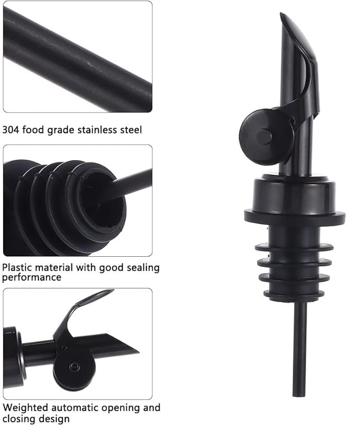 beyonday 6pcs Self Closing Liquor Bottle Pourers - Black, Auto Flip Wine Bottle Stoppers with Rubber Dust Cap & Cleaning Brush, Weighted Olive Oil Vinegar Dispenser Spout, Fit about 3/4'' Bottle Mouth