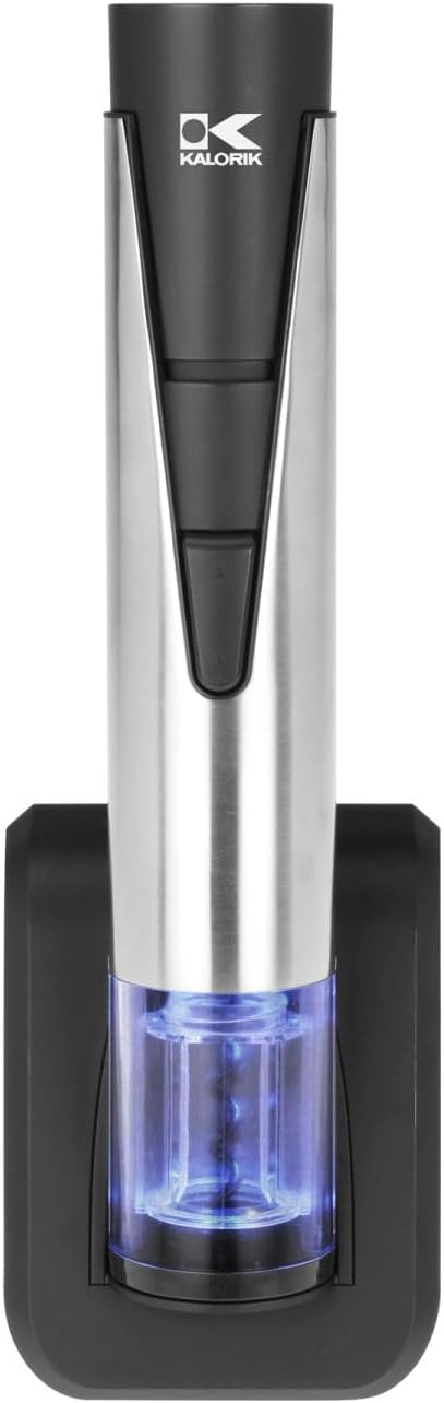 Kalorik Electric Wine Opener and Preserver Includes 2-in-1 Bottle Opener and Preserver Wine Pourer and 2 Stoppers Foil Cutter and Charging Base, Stainless Steel