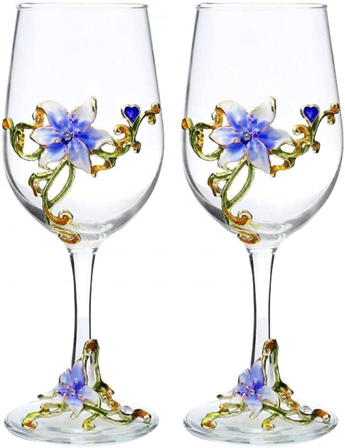 Simcat Handmade Painted Enamel Flower Glass Wine Glasses Transparent Refined Goblet, Stem For Cabernet, Gifts (Blue double gift box,2 Gift Box)