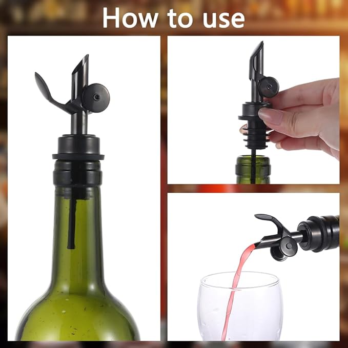 beyonday 3pcs Self Closing Liquor Bottle Pourers - Black, Auto Flip Wine Bottle Stoppers with Rubber Dust Cap & Cleaning Brush, Weighted Olive Oil Vinegar Dispenser Spout, Fit about 3/4'' Bottle Mouth