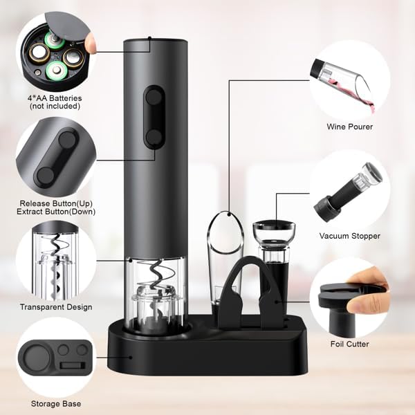 Electric Wine Opener Set, Battery Powered Wine Bottle Opener with Foil Cutter, Vacuum Stopper, Wine Pourer & Storage Base, Automatic Corkscrew Kit for Wine Lovers, Gift for Men Women (Black)