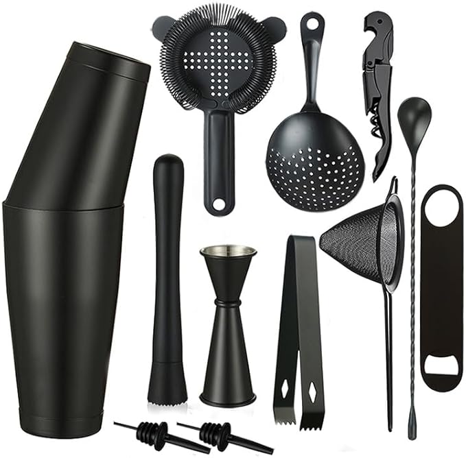 Cocktail Shaker Set - 13-Piece Bar Accessories Kit w/Weighted Boston Shaker, Strainer, Jigger, Muddler,Mixing Spoon and More - Home Bartending Tools, Accessories for Bartender, Matte Black