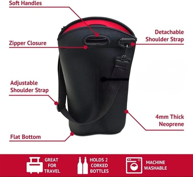 Insulated Neoprene 2‑Bottle Wine Tote Bag with Pocket & Shoulder Strap -Fits Two 750 ml Bottles + 5‑Piece Wine Accessory Set in Bottle‑Shaped Case - Gift for Weddings, Picnics, Travel, Parties.