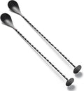 BRIOUT 2 Pcs Bar Spoon, 12 Inches Long Handle Drink Stirrer, Stainless Steel Bar Cocktail Mixing Spoons with Round Base for Stirring, Black