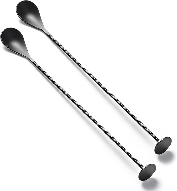 BRIOUT 2 Pcs Bar Spoon, 12 Inches Long Handle Drink Stirrer, Stainless Steel Bar Cocktail Mixing Spoons with Round Base for Stirring, Black