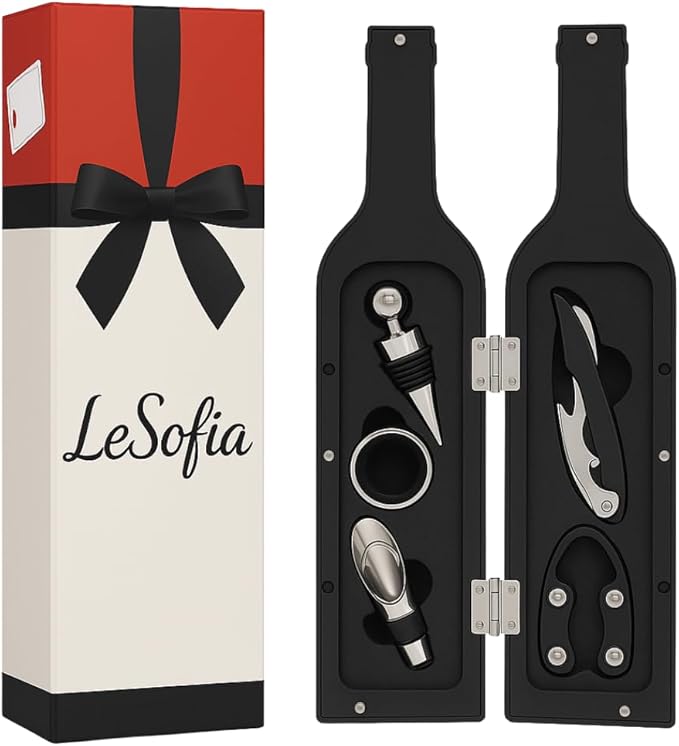 Wine Opener Gift Set - Wine Bottle Accessory Kit Corkscrew Opener, Stopper, Pourer, Foil Cutter, Glass Marker, Great Valentine's Gifts,Father gift,Mother gift