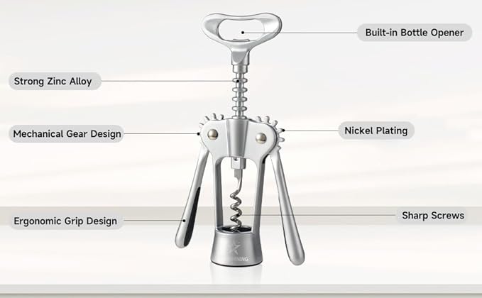 Wine Opener,Heavy-Duty Zinc Alloy Wing Corkscrew Wine Bottle Opener with Sharp Spiral Screw,Round Handles,Matte Silver