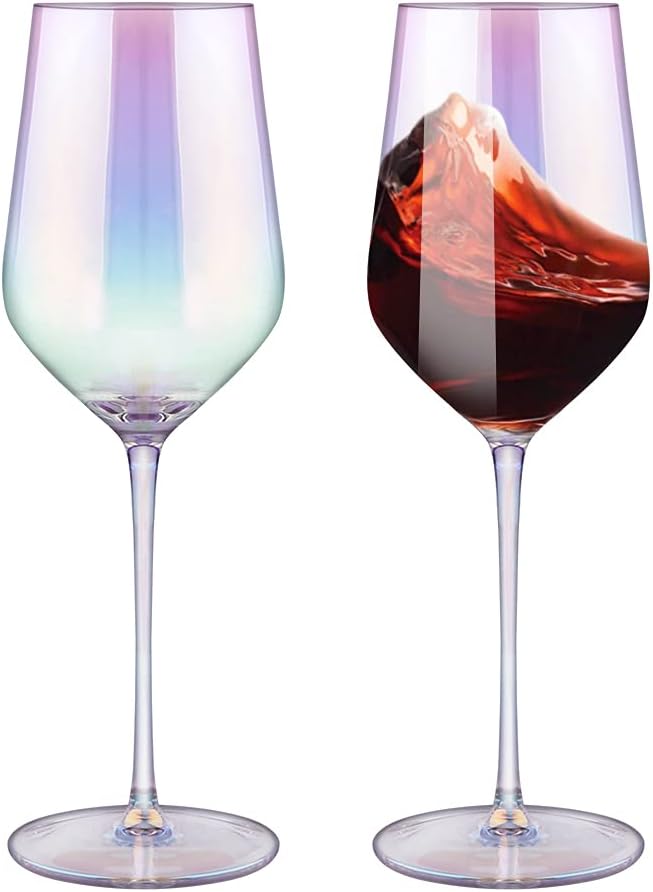 Gutsdoor Iridescent Wine Glass Set Crystal Red Wine Glasses Colored Wine Glasses set of 2 Large 17 Ounce Long stemmed Hand Blown for Wedding, Anniversary, Christmas, Birthday, friendsgiving Gifts