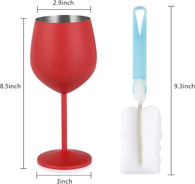 Lifecapido Stainless Steel Wine Glasses Set of 4, 18oz Stainless Steel Wine Goblets, Metal Wine Glasses with Cup Brush for Party Office Wedding Anniversary, Great for Red White Wine, Black and Red