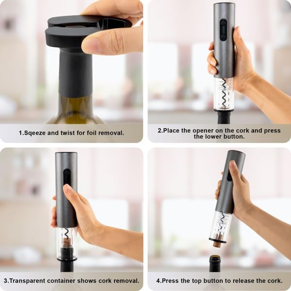 Electric Wine Opener Set, Battery Powered Wine Bottle Opener with Foil Cutter, Vacuum Stopper, Wine Pourer & Storage Base, Automatic Corkscrew Kit for Wine Lovers, Gift for Men Women (Black)