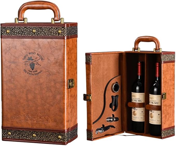 Wine Gifts Box with 4 Wine Accessories Set & Storage Box, 2-Bottle Tote Carrier Case for Wedding, Christmas, Party, Collection & Home Bar Decor (Brown)