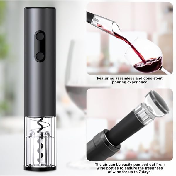 Electric Wine Opener Set, Battery Powered Wine Bottle Opener with Foil Cutter, Vacuum Stopper, Wine Pourer & Storage Base, Automatic Corkscrew Kit for Wine Lovers, Gift for Men Women (Black)