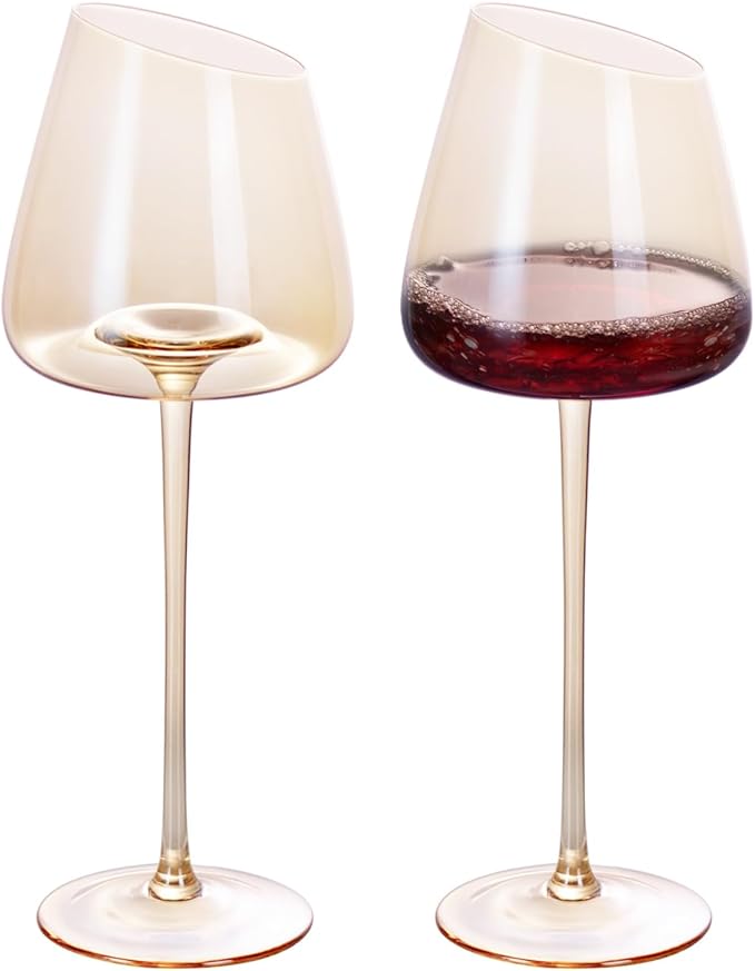 KAMMAK Wine Glasses Set of 2, 16.06 oz Hand Blown Crystal Bordeaux Wine Glasses, Thin Rim & Long Stem, Perfect for Red & White, Daily Use, Wedding or Birthday Gift with Gift Box, XH-H280 Amber