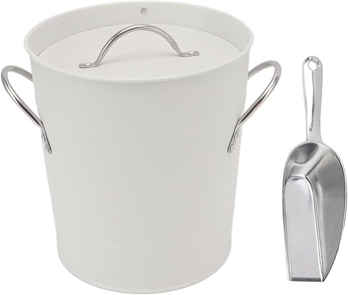 Round Ice Bucket with Ice Shovel, Bar Ice Tub Beer Chiller Bin, Double Wall Galvanized Sheet and Plastic Wine Storage Tub with Handle and Lid for Home Bar Party Use (White)
