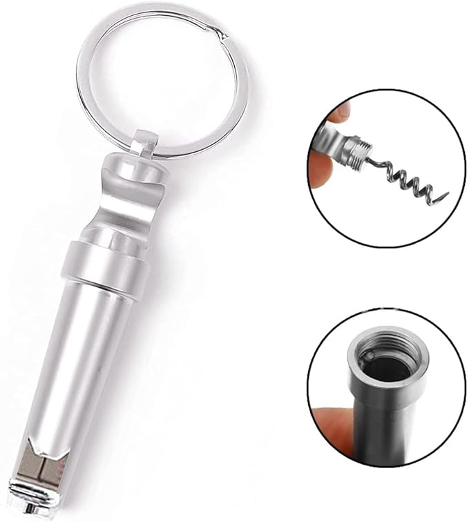 Mini Keychain Corkscrew, Elegant 3 In 1 Portable Bottle Opener Wine Bottle Corkscrew Key Ring, Update Wine Beer Opener for Backpack Camping Kit Waiters (Silver)