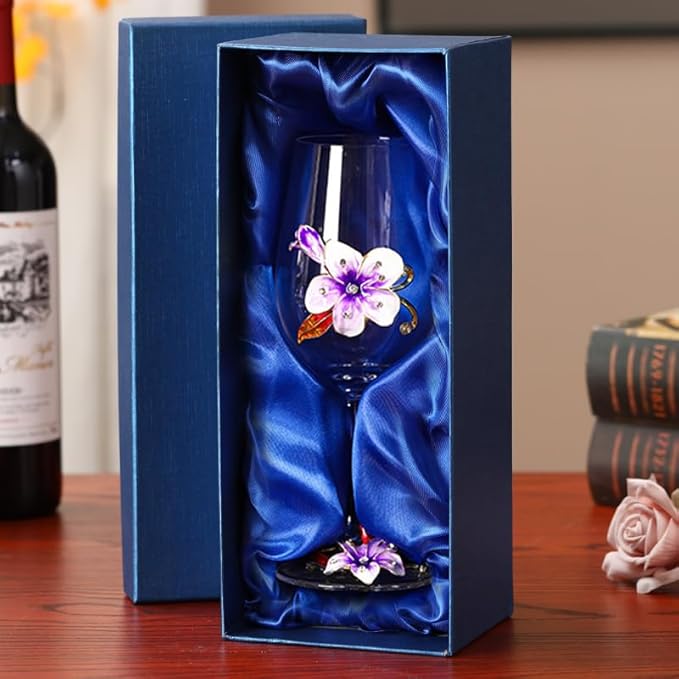 Simcat Handmade Painted Enamel Flower Glass Wine Glasses Transparent Refined Goblet, Stem For Cabernet, Gifts (purple single gift box1)