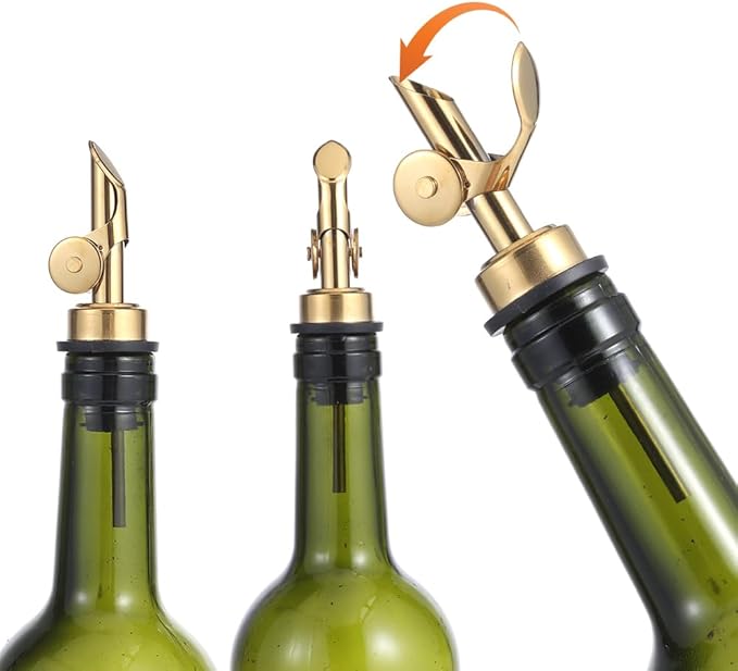 beyonday 6pcs Self Closing Liquor Bottle Pourers - Gold, Auto Flip Wine Bottle Stoppers with Rubber Dust Cap & Cleaning Brush, Weighted Olive Oil Vinegar Dispenser Spout, Fit about 3/4'' Bottle Mouth