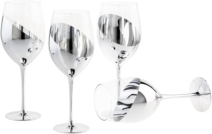 MyGift Modern Silver Long Stemmed Wine Glasses for White or Red Wine with Elegant Angled Design, Set of 4