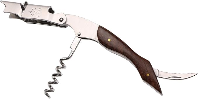 Mini Skater Professional Wine Opener Keys Natural Wood Handle Double-Hinged Stainless Steel Screw Beer Bottle Corkscrew with Leather Pouch For Bartenders Waiters Servers,1Pcs (B Style + Pouch)