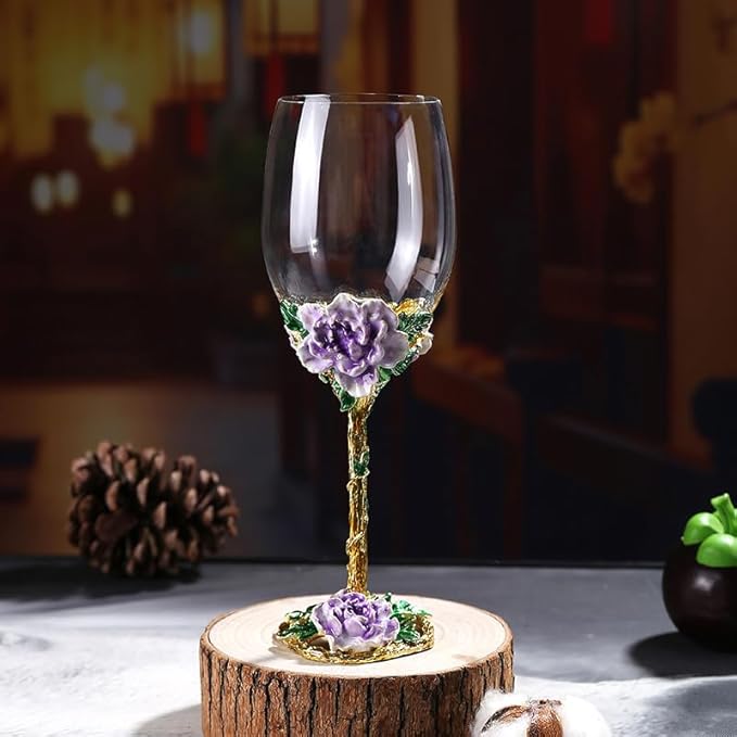Simcat Handmade Painted Enamel Flower Glass Wine Glasses Transparent Refined Goblet, Stem For Cabernet, Gifts (purple double gift box,big flower)