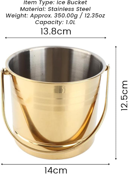1L Ice Bucket, Metal Double Wall Ice Bucket with Filter Plate and Carrying Handle Stainless Steel Insulated Ice Bucket Golden for Cocktail Bar Wine Parties Champagne Bucket(14x13.8x12.5cm)