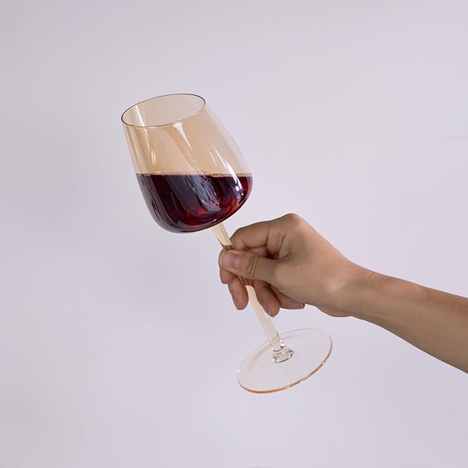 KAMMAK Wine Glasses Set of 2, 9.47 oz Hand Blown Crystal Bordeaux Wine Glasses, Thin Rim & Long Stem, Perfect for Red & White, Daily Use, Wedding or Birthday Gift with Gift Box, XH-H240 Amber