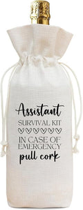 Assistant Appreciation Gift Wine Bag, Funny Survival Kit Linen Drawstring Wine Bottle Cover, Reusable Wine Gift Pouch for Administrative Assistant Office Staff Thank You Gift - A11