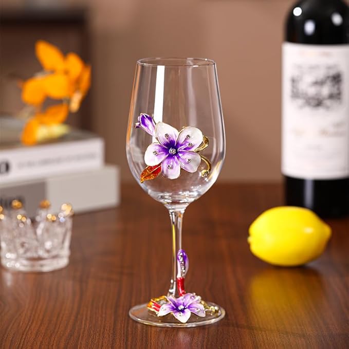 Simcat Handmade Painted Enamel Flower Glass Wine Glasses Transparent Refined Goblet, Stem For Cabernet, Gifts (purple double gift box1)