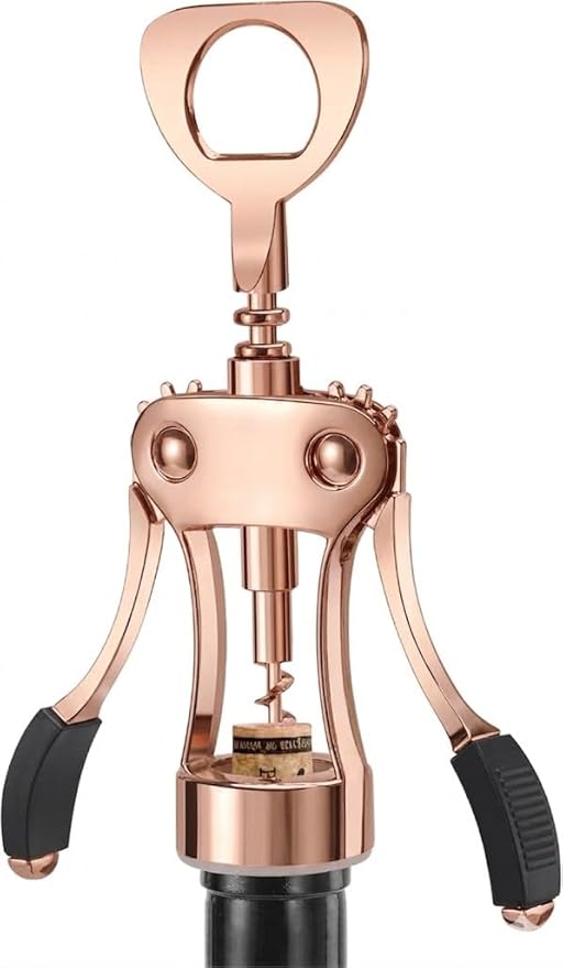 KORCCI Wine Opener, Heavy-Duty Zinc Alloy Wing Corkscrew, Premium Beer Bottle Opener, Multifunctional Wine Accessories with Ergonomic Handle and Sharp Screw, for Kitchen, Bar, Restaurant (Rose Gold)