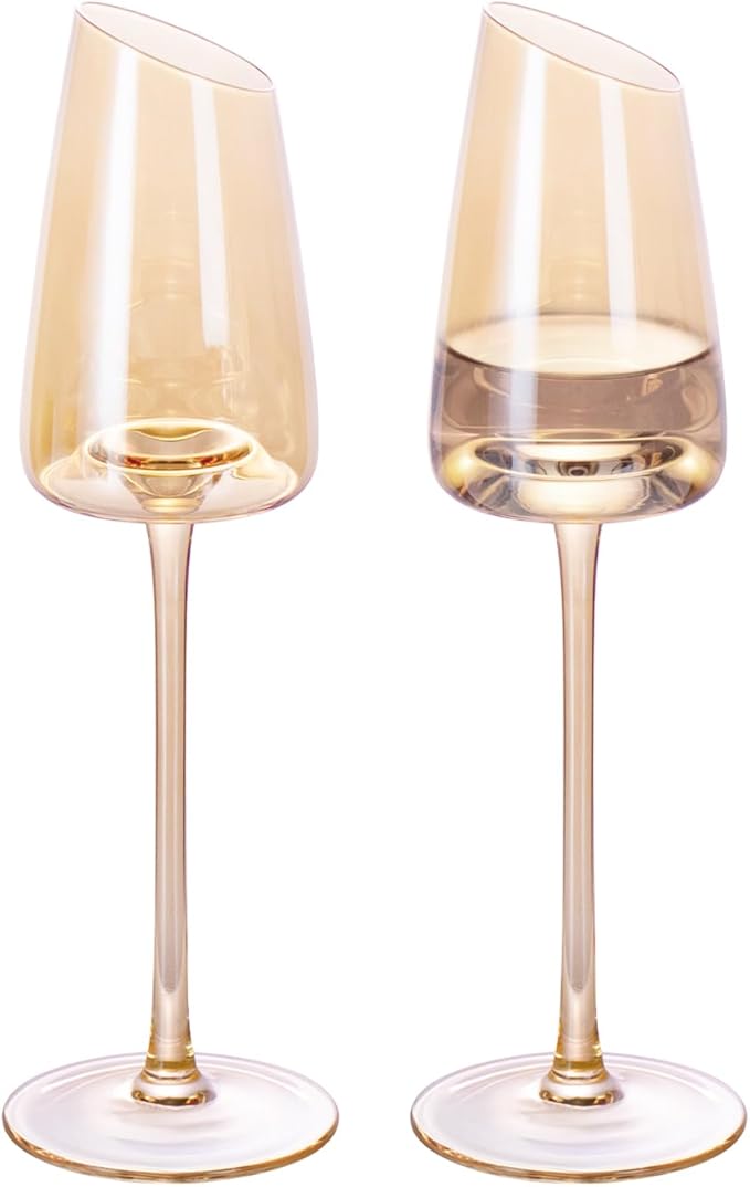 KAMMAK Wine Glasses Set of 2, 7.44 oz Hand Blown Crystal Bordeaux Wine Glasses, Thin Rim & Long Stem, Perfect for Red & White, Daily Use, Wedding or Birthday Gift with Gift Box, XH-H260 Amber