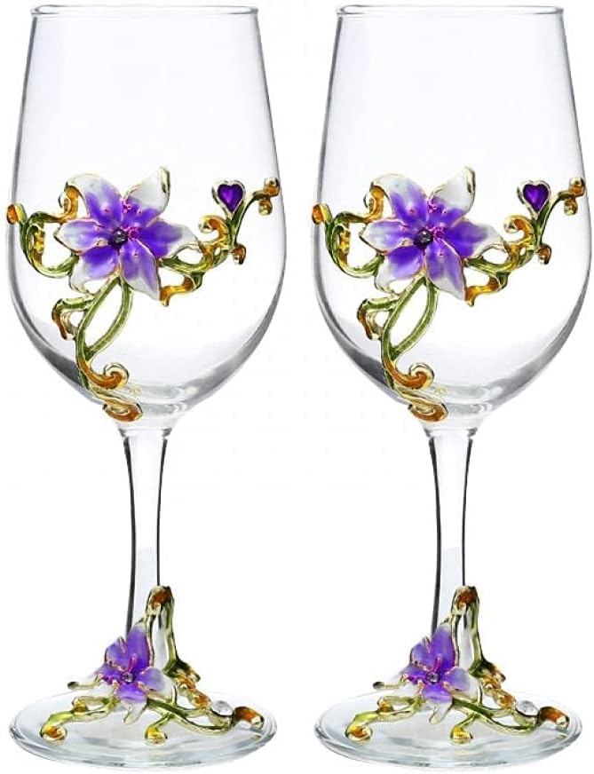 Simcat Handmade Painted Enamel Flower Glass Wine Glasses Transparent Refined Goblet, Stem For Cabernet, Gifts (Purple double gift box,2 Gift Box)