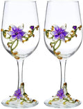 Simcat Handmade Painted Enamel Flower Glass Wine Glasses Transparent Refined Goblet, Stem For Cabernet, Gifts (Purple double gift box,2 Gift Box)