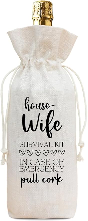 Funny Housewife Survival Kit Wine Bag, Linen Drawstring Wine Bottle Gift Bag, Reusable Wine Pouch for Wife Birthday Anniversary Mother's Day Wedding, 13 x 5.7 Inch - A06