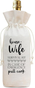 Funny Housewife Survival Kit Wine Bag, Linen Drawstring Wine Bottle Gift Bag, Reusable Wine Pouch for Wife Birthday Anniversary Mother's Day Wedding, 13 x 5.7 Inch - A06