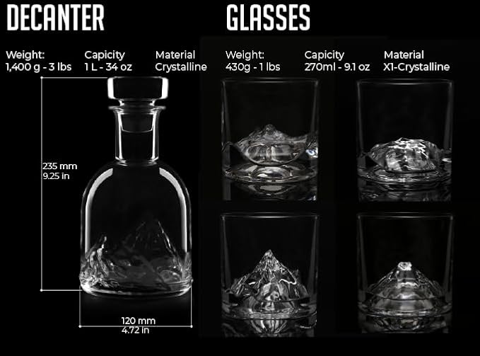 LIITON The Peaks Mountains Crystal Bourbon Whiskey Decanter Gift Set with 4 Old Fashioned Glasses, Premium Luxury Gifts for Men, Vodka, Scotch, Liquor, 1,000 ML