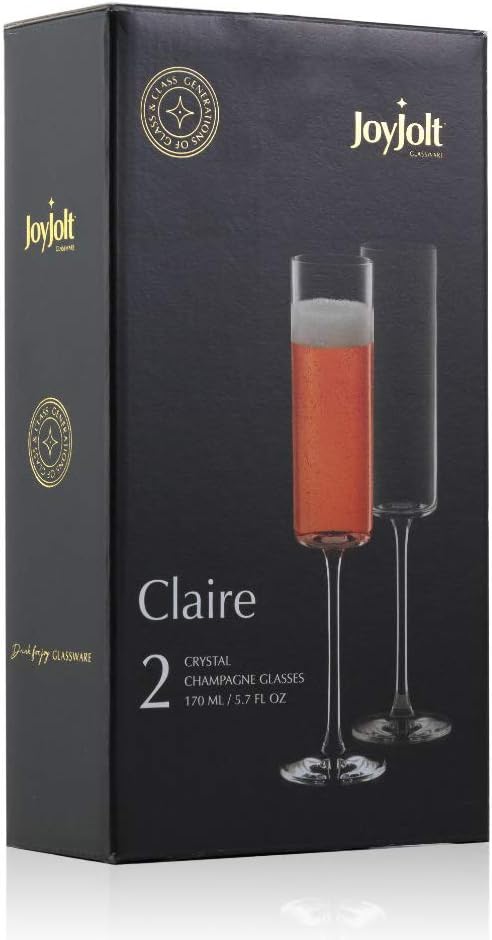 JoyJolt Champagne Flutes, Claire Collection Crystal Champagne Glasses Set of 2, 5.7 Ounce Capacity, Exquisite Craftsmanship, Ideal for Home Bar, Special Occasions – Made in Europe