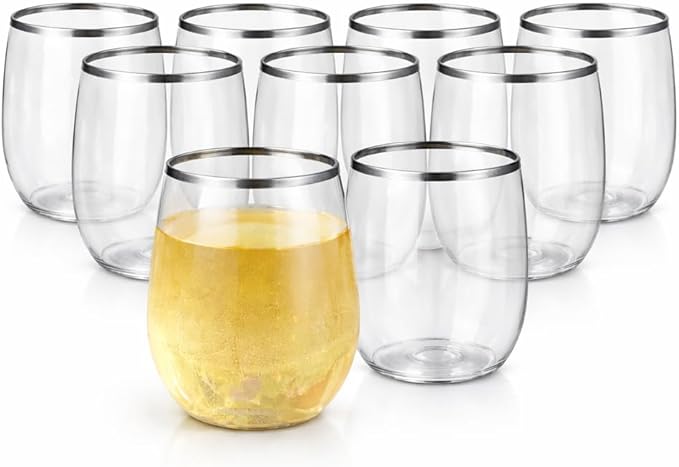 Oojami 48 Pack Plastic Wine Glasses Disposable 10 oz Silver Rim - Stemless Shatterproof Unbreakable BPA-Free Reusable Champagne Mimosa Cocktail Glasses Recyclable for Wedding Party Birthday Outdoor