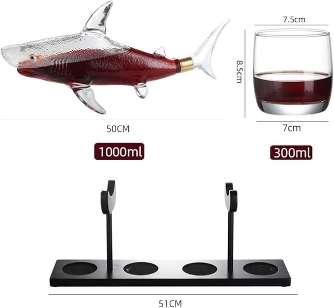 Wine Decanters 1000ml Sharks Whiskey Decanter Set with 4 Glasses & Wood Stand Glass Liquor Decanter For Whiskey, Scotch, Bourbon Vodka (Decanter Set)