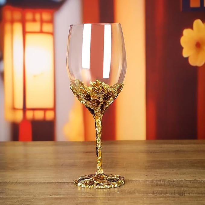 Simcat Handmade Painted Enamel Flower Glass Wine Glasses Transparent Refined Goblet, Stem For Cabernet, Gifts (gold double gift box)