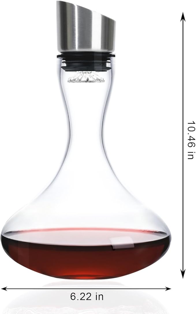 Wlasss Hand Blown Wine Decanter with Aerator, 1300ml/44oz Red Wine Decanter, Crystal Wine Carafe with Stainless Steel Pour Lid and Filter, Elegant Design Easy Pour, Wine Aerator Wine Gifts