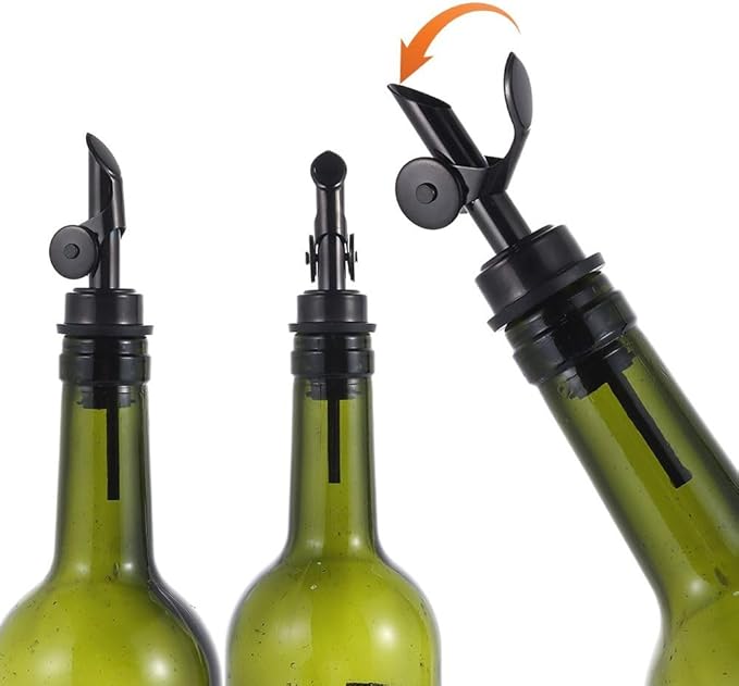 beyonday 6pcs Self Closing Liquor Bottle Pourers - Black, Auto Flip Wine Bottle Stoppers with Rubber Dust Cap & Cleaning Brush, Weighted Olive Oil Vinegar Dispenser Spout, Fit about 3/4'' Bottle Mouth