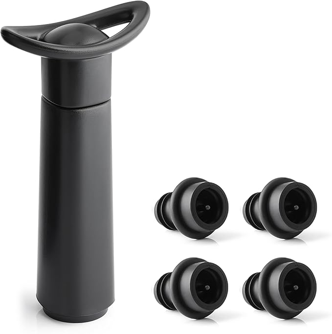 OWO Wine Vacuum Pump with 4 Stoppers, Wine Saver & Preserver, Food Grade Silicone Stoppers, Reusable Air Remover Pump for Standard Wine Bottles - Keeps Wine Fresh Longer
