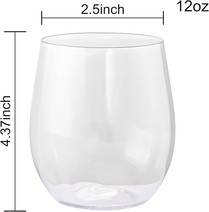 SUT Disposable Wine Glasses Stemless - 12oz Unbreakable Wine Cups, Shatterproof, Recyclable, Heavy Duty Plastic Wine Glasses for Parties Disposable(24Pack)(Clear)