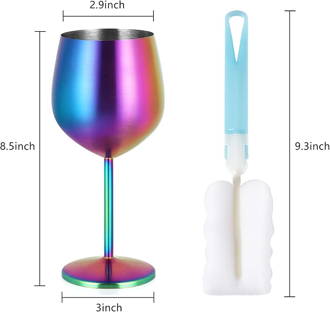 Lifecapido Stainless Steel Wine Glasses Set of 4, 18oz Colorful Stainless Steel Wine Goblets, Stemmed Metal Wine Glasses with Cup Brush for Party Office Wedding Anniversary, Great for Red White Wine