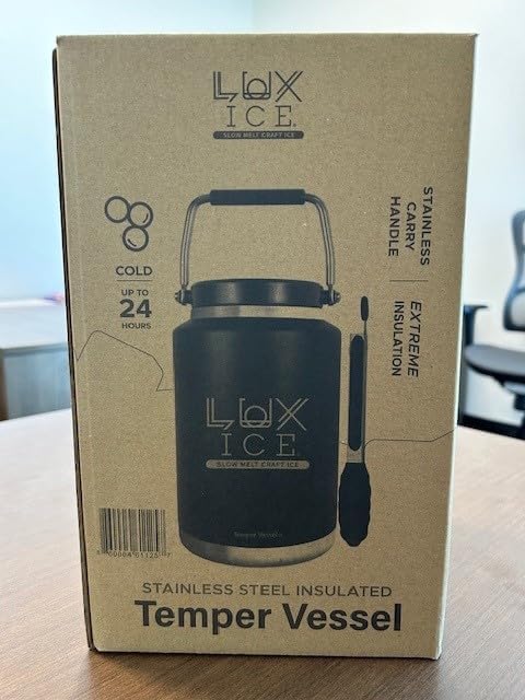 -Stainless Steel, Slow Melt, Craft Ice Temper Vessel with Tongs - 134 oz - Vaccum Sealed, Triple Insulated, Copper Lined, Dishwasher Safe - Ice Bucket, Black