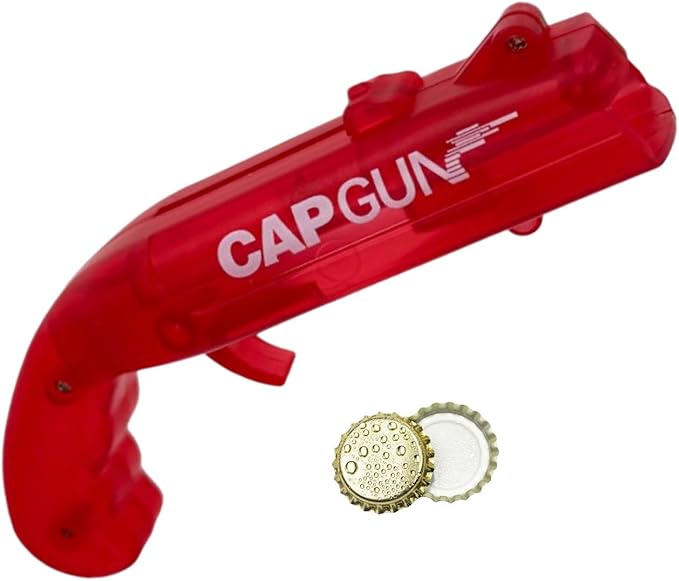 Bottle Cap Shooting Gun (Transparent Red) – Fun Beer Bottle Opener Tool That Launches Caps, Lightweight Plastic Shotgun Design for Parties, BBQ, Bar Games, Father’s Day Gift for Men