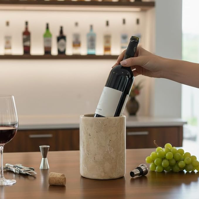 Marble Wine Chiller Handmade 6.5'' Travertine Champagne Chiller for Party - 750ml Wine Bottle Cooler for Kitchen, Bar Cart Decor to Chill & Keep Bottles Cold with Unique Wine Lovers Gift