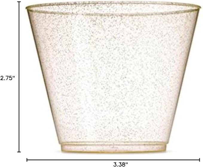 100 Glitter Plastic Cups - 9 Oz Clear Plastic Cups Old Fashioned Tumblers -Gold Glitter Cups Disposable Wedding Cups Party Cups